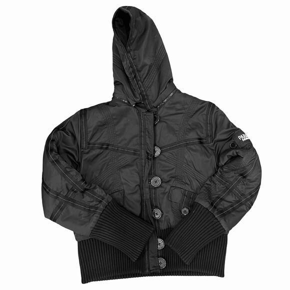 Parasuco Denim Cult Black Button Front Bomber Jacket size L Detachable Hood - Picture 1 of 13